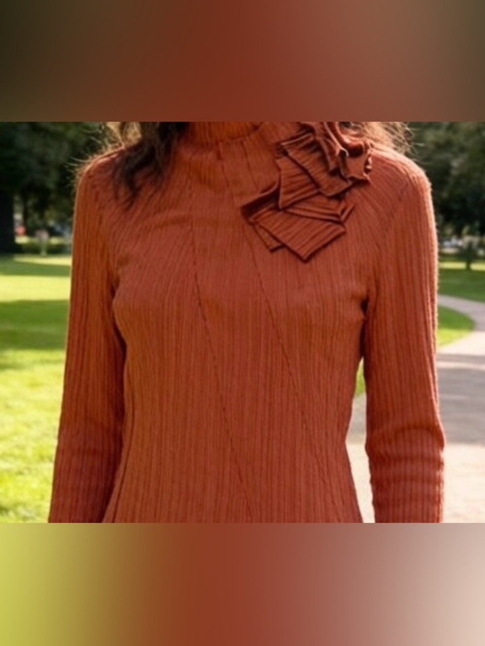 Anthropologie, One Sept. Rust Ribbed Mock Neck Sweater with Shoulder Ruffle